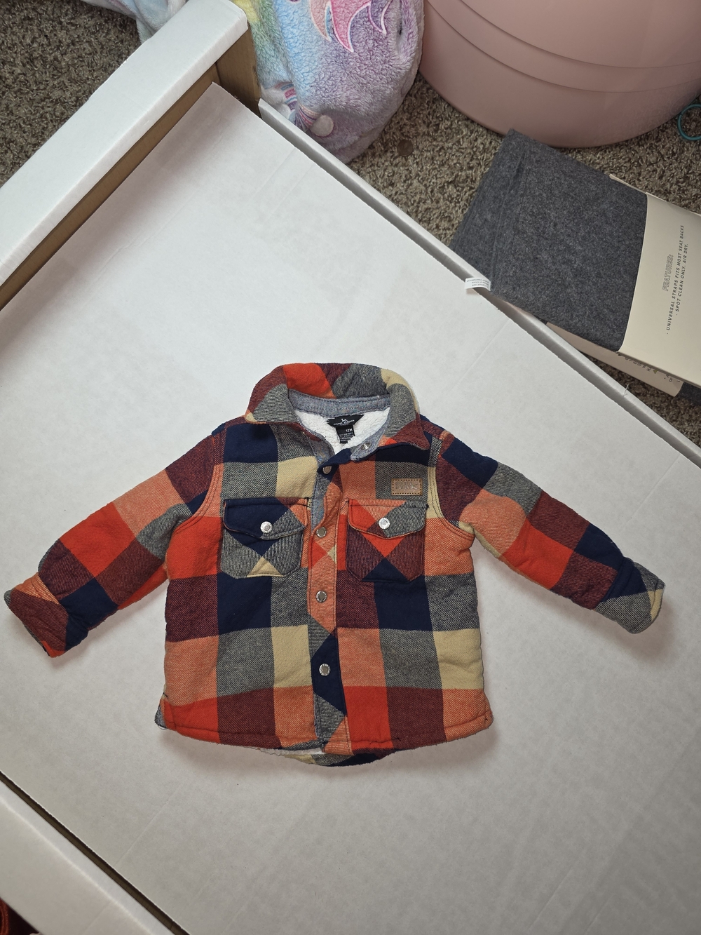 Eddie Bauer Kids Plaid Sherpa Jacket - Orange, Navy, Cream